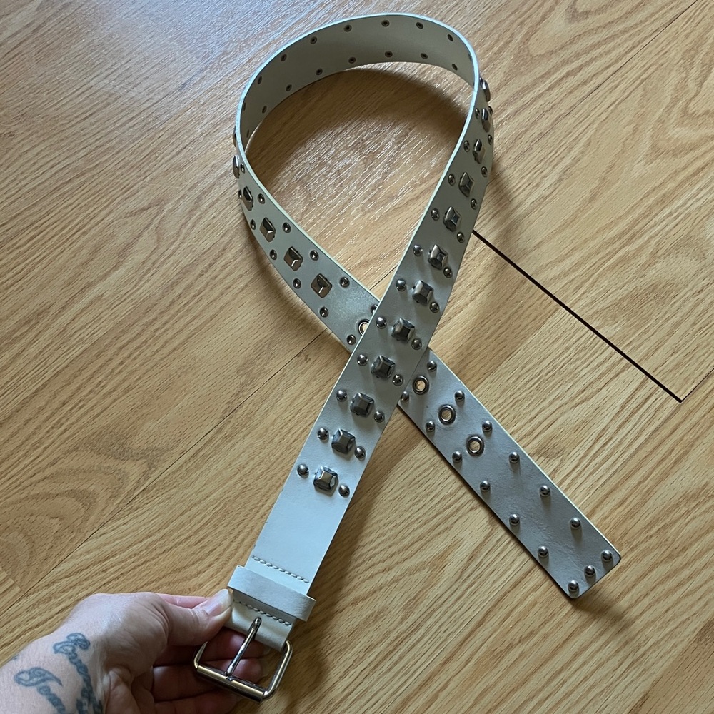 Studded White Leather Belt